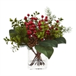Nearly Natural Berry/Pine and Boxwood Artificial Arrangement in Red/Clear
