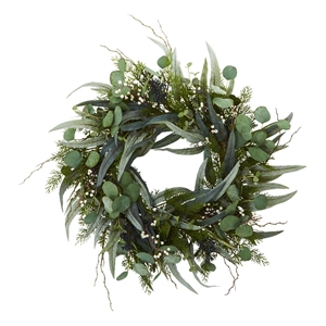 Nearly Natural 24&quot Eucalyptus and Mixed Greens Artificial Wreath in Green