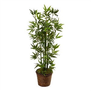 Nearly Natural 48&quot Bamboo Artificial Tree in Coiled Rope Planter in Green/Brown