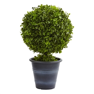 Nearly Natural 23&quot Faux Boxwood Ball Topiary with Planter in Green/Gray