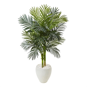 54&quot Golden Cane Palm Artificial Tree in White Oval Planter in Green/White