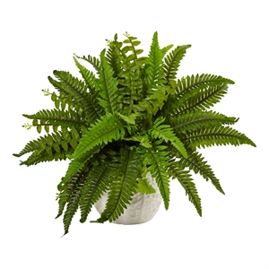 Nearly Natural Lifelike Boston Fern in Round Planter in Green/White
