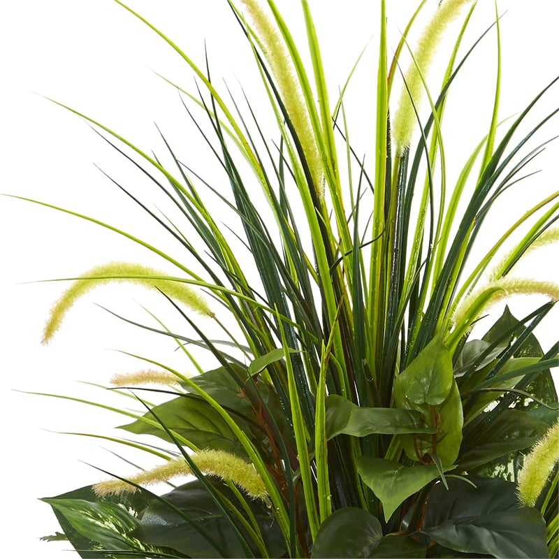 Mixed River Fern and Dog tail Artificial Plant in White Tower Planter