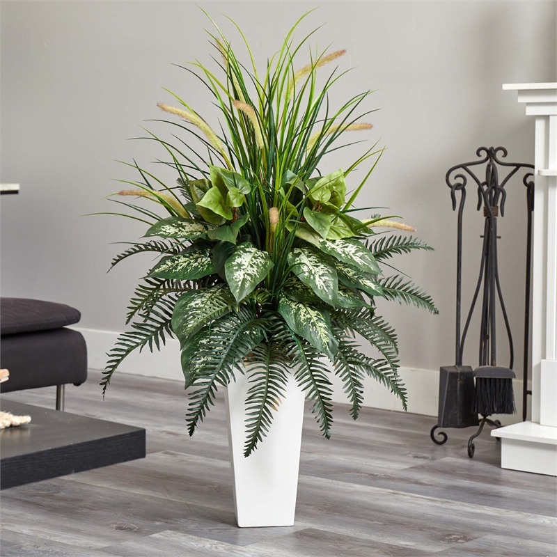 Mixed River Fern and Dog tail Artificial Plant in White Tower Planter
