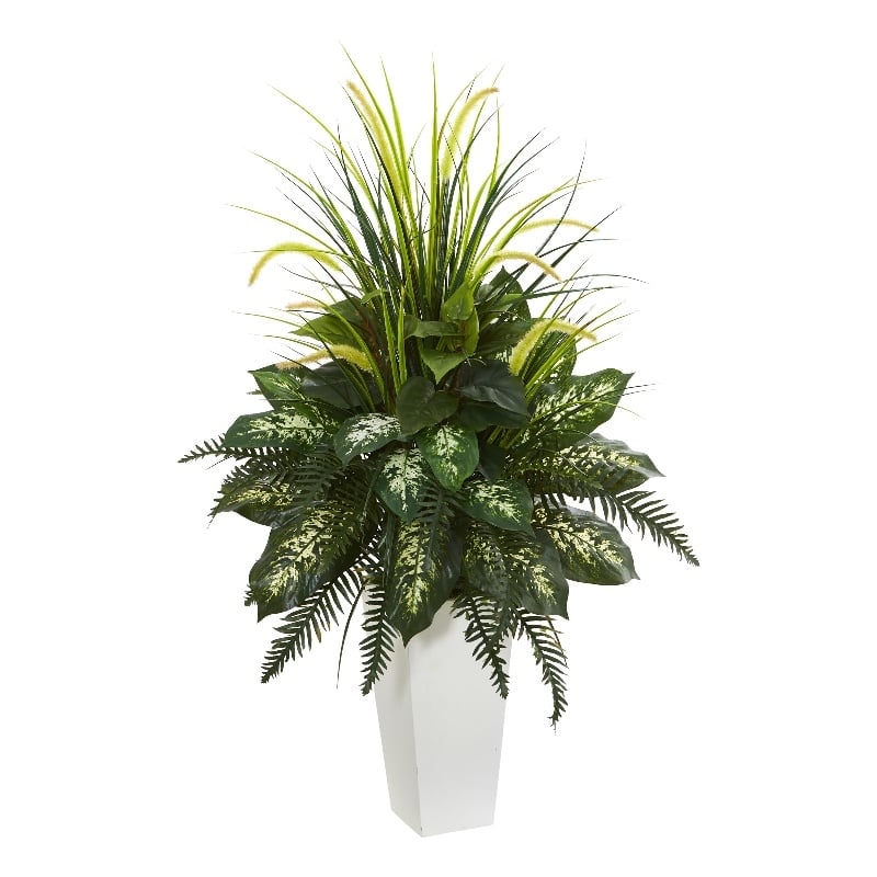 Mixed River Fern and Dog tail Artificial Plant in White Tower Planter