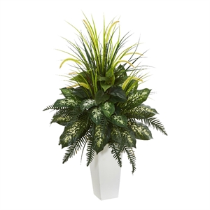 Mixed River Fern and Dog tail Artificial Plant in White Tower Planter