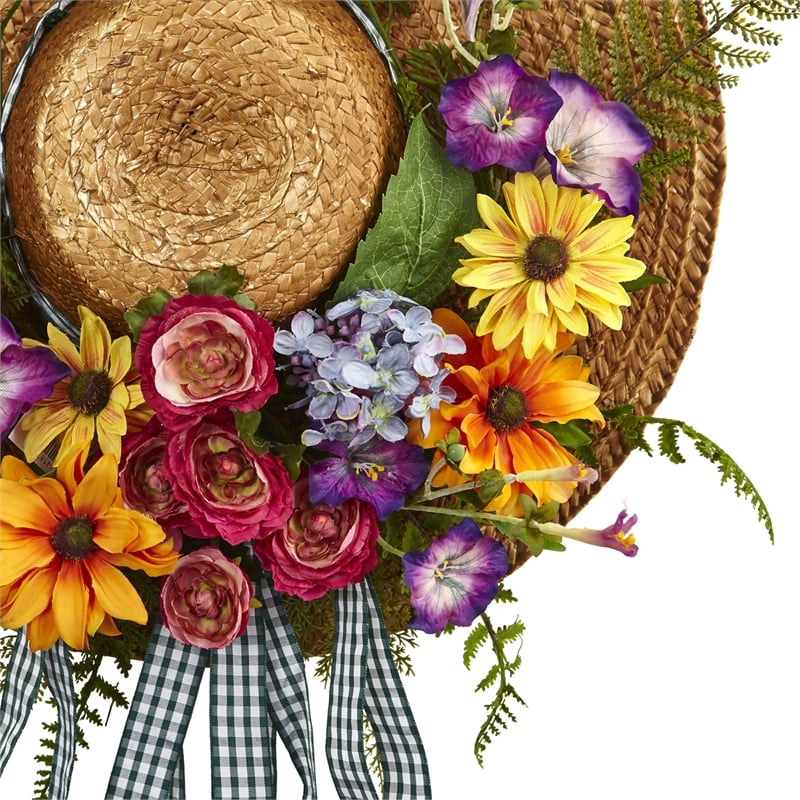 Nearly Natural Mixed Flower Hat Wreath with with Gingham Ribbon in Multi-Color