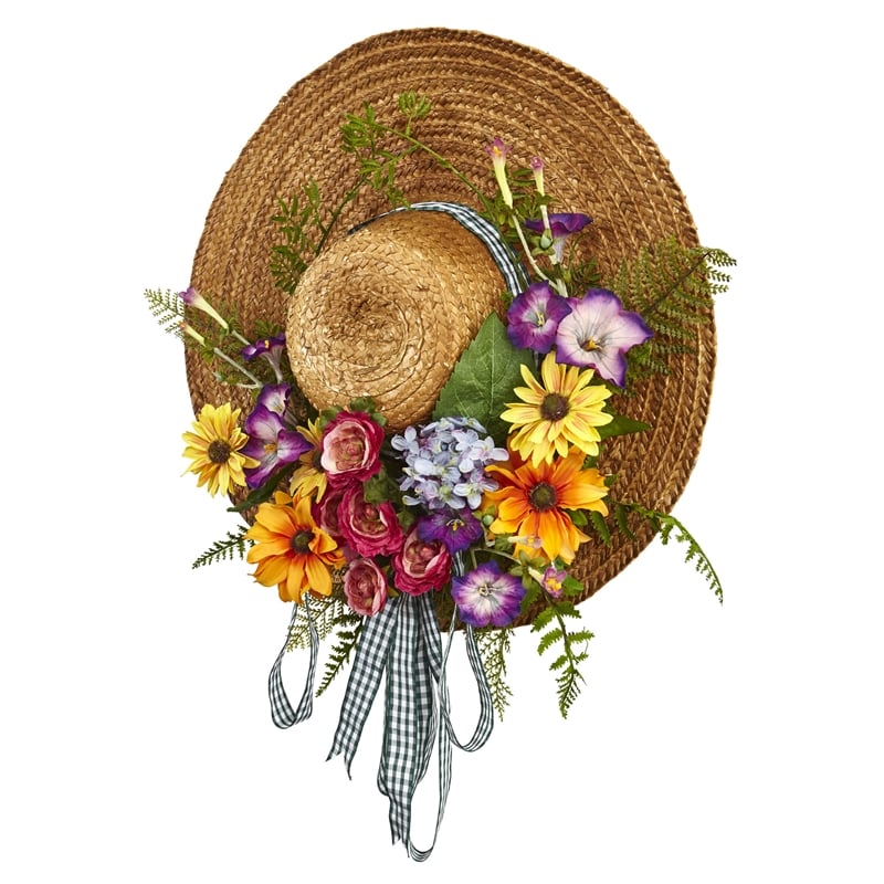 Nearly Natural Mixed Flower Hat Wreath with with Gingham Ribbon in Multi-Color