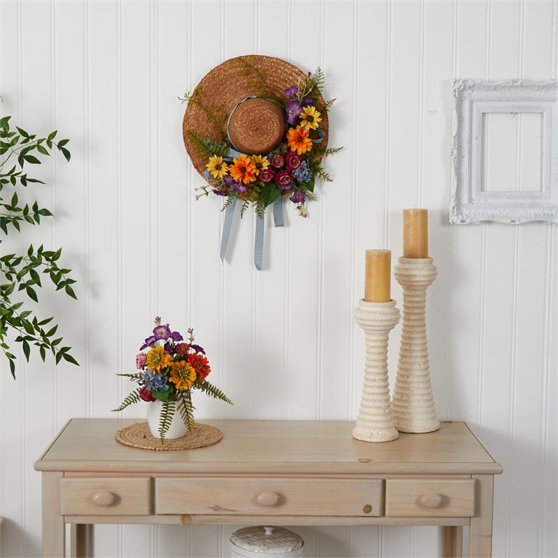 Nearly Natural Mixed Flower Hat Wreath with with Gingham Ribbon in Multi-Color