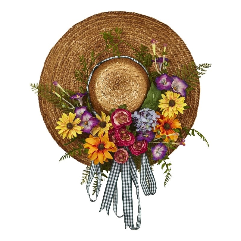 Nearly Natural Mixed Flower Hat Wreath with with Gingham Ribbon in Multi-Color