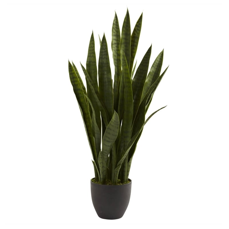 Nearly Natural Sansevieria with Black Planter and 28 Leaves in Green/Black
