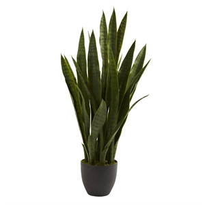 Nearly Natural Sansevieria with Black Planter and 28 Leaves in Green/Black