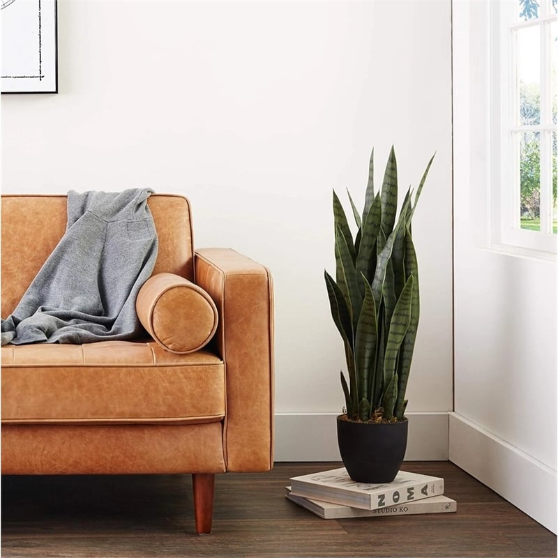 Nearly Natural Sansevieria with Black Planter and 28 Leaves in Green/Black