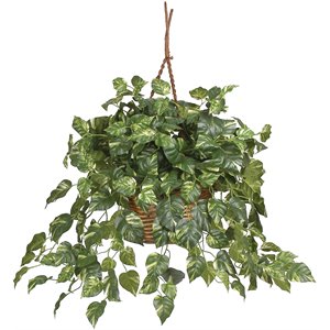 nearly natural pothos hanging basket silk plant in green/brown
