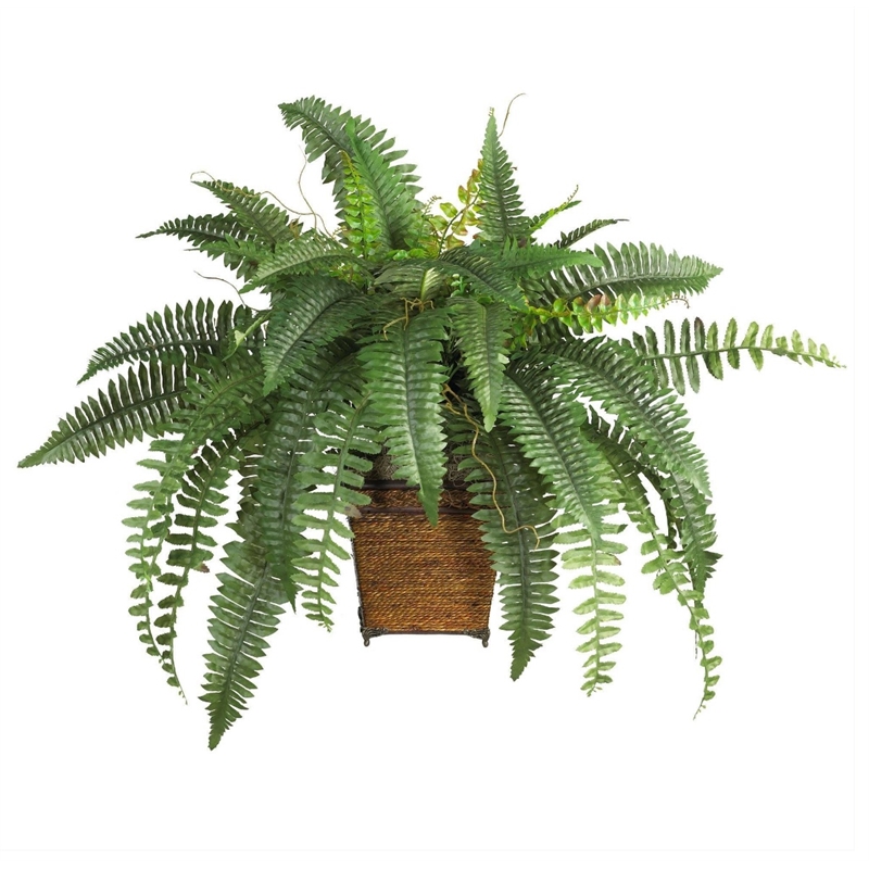 Nearly Natural Boston Fern with Wicker Basket Silk Plant in Green/Brown