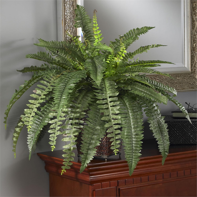 Nearly Natural Boston Fern with Wicker Basket Silk Plant in Green/Brown