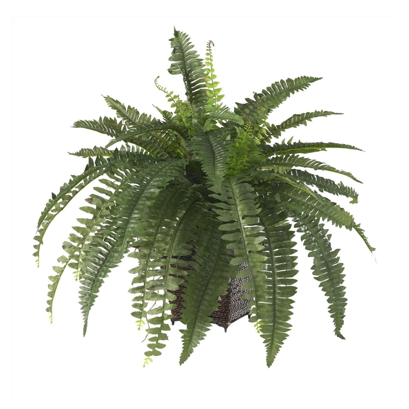 Nearly Natural Boston Fern with Wicker Basket Silk Plant in Green/Brown