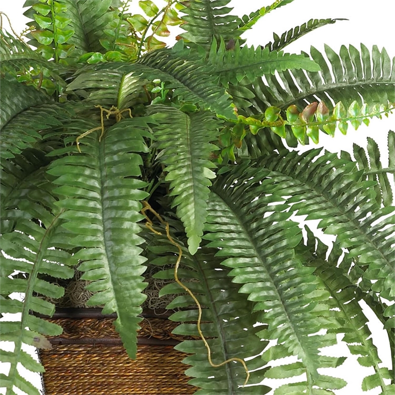 Nearly Natural Boston Fern with Wicker Basket Silk Plant in Green/Brown