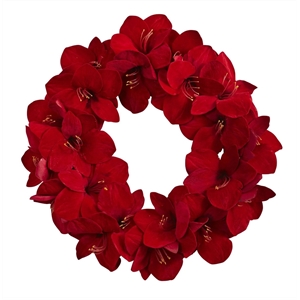Nearly Natural 22&quot Full Amaryllis Blooms Decorative Wreath in Red
