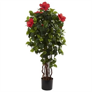 Nearly Natural 48&quot Hibiscus Tree with Over 400 Leaves in Green/Black