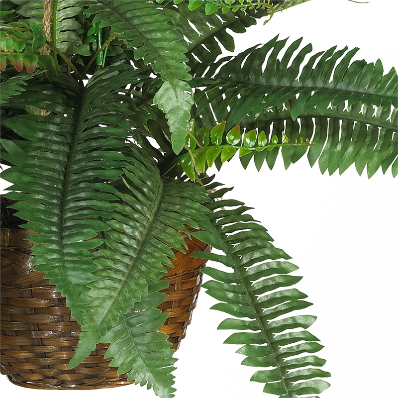 Nearly Natural Boston Fern Silk with Decorative Hanging Basket in Green/Brown