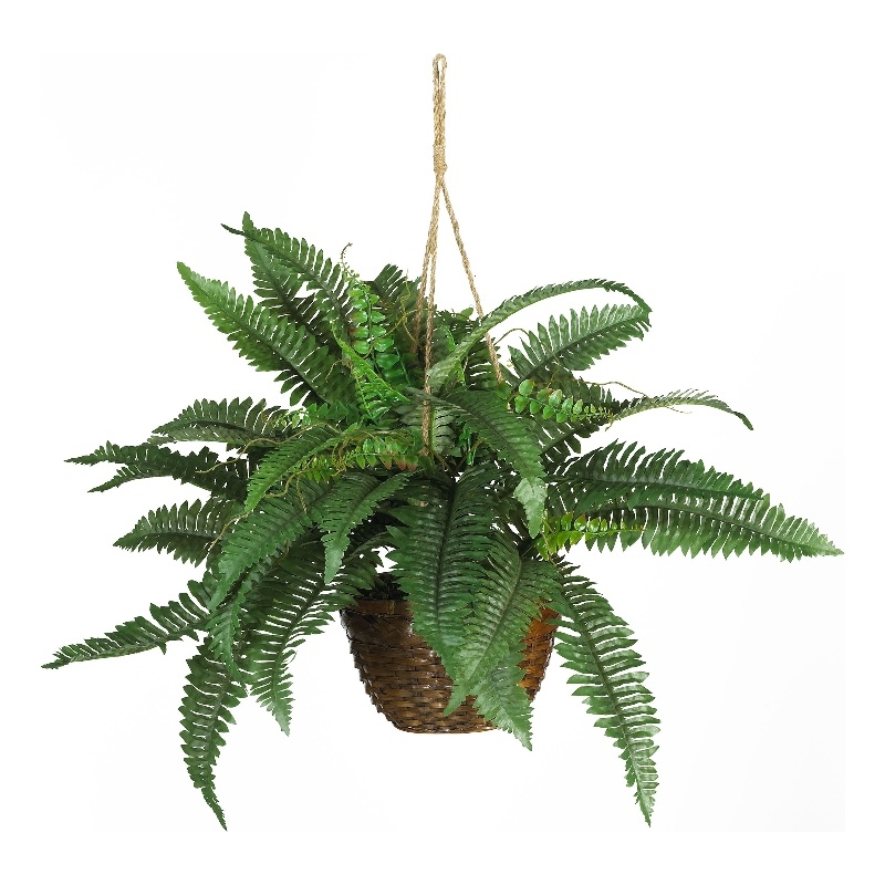 Nearly Natural Boston Fern Silk with Decorative Hanging Basket in Green/Brown