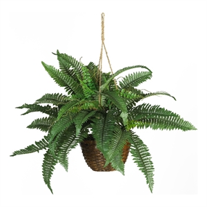 Nearly Natural Boston Fern Silk with Decorative Hanging Basket in Green/Brown