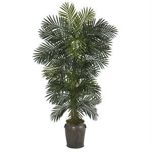 78&quot Golden Cane Artificial Palm Tree in Metal Planter in Green/Charcoal