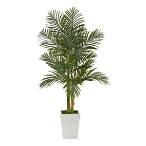 66&quot Golden Cane Artificial Palm Tree in White Metal Planter in Green/Black