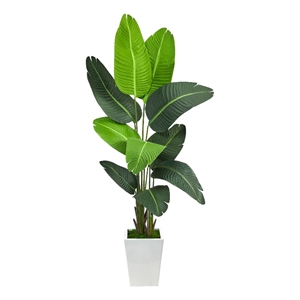 66&quot Travelers Palm Artificial Tree in White Metal Planter in Green/White