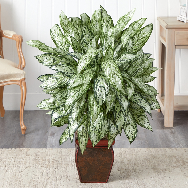 Nearly Natural Silver Queen with Decorative Planter Silk Plant in Green/Brown