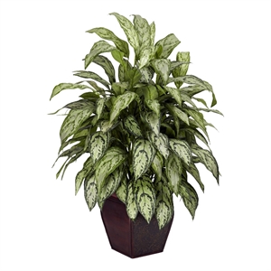 Nearly Natural Silver Queen with Decorative Planter Silk Plant in Green/Brown