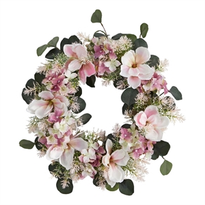 nearly natural 20&quot hydrangea and magnolia artificial wreath in pink