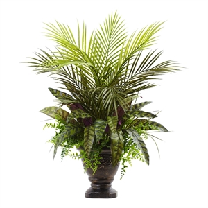 Nearly Natural 27&quot Mixed Areca Palm/Fern & Peacock with Planter in Green/Bronze