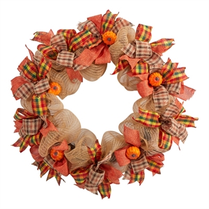 30&quot Autumn Pumpkin with Decorative Bows Artificial Fall Wreath in Orange