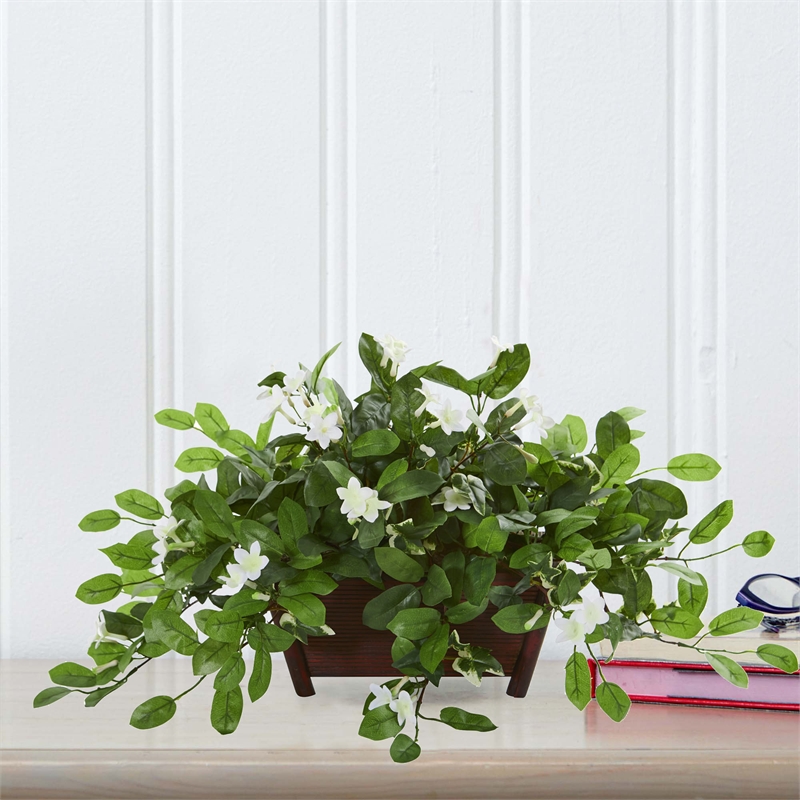 Nearly Natural Mix Stephanotis Artificial Plant in Decor Planter in Green/Brown