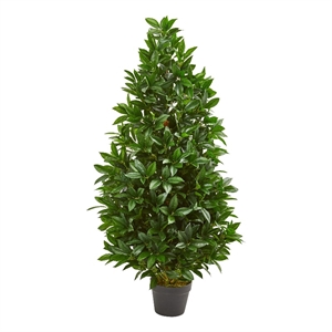 Indoor/Outdoor 48&quot Bay Leaf Artificial Topiary Tree UV Resistant in Green/Black