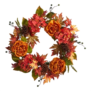 25&quot Fall Ranunculus/Hydrangea and Berries Autumn Artificial Wreath in Orange