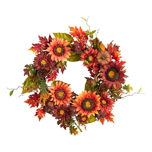 24&quot Autumn Sunflower/Pumpkin/Pinecone and Berries Fall Artificial Wreath Orange