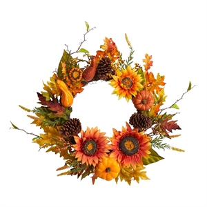 24&quot Fall Sunflower/Pumpkin/Gourds/Pinecone/Berries Artificial Wreath in Orange