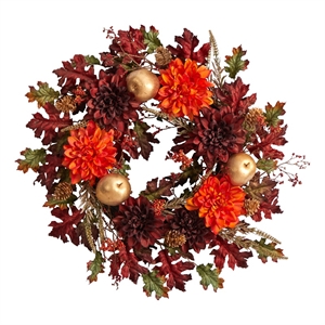 24&quot Fall Dahlia/Golden Apple/Oak Leaf/Berries Autumn Artificial Wreath in Orange