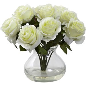 nearly natural full rose blooms arrangement with vase & faux water - white/clear