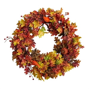 32&quot Autumn Oak Leaf/Berries and Pumpkin Artificial Autumn Wreath in Orange
