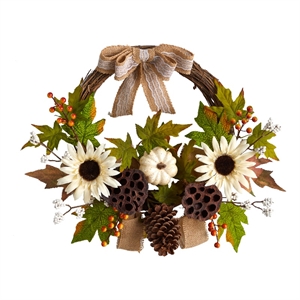 20&quot Autumn Sunflower/White Pumpkin/Dried Lotus Pod Artificial Wreath in Green