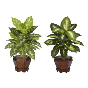 Dieffenbachia with Wood Vase Silk Plant (Set of 2) in Multi-Color/Brown