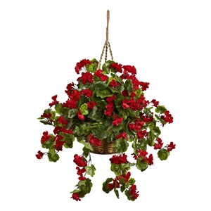 Nearly Natural Indoor/Outdoor Geranium Hanging Basket UV Resistant in Red/Brown