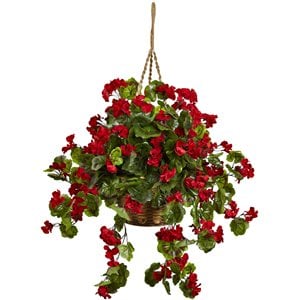 nearly natural indoor/outdoor geranium hanging basket uv resistant in red/brown