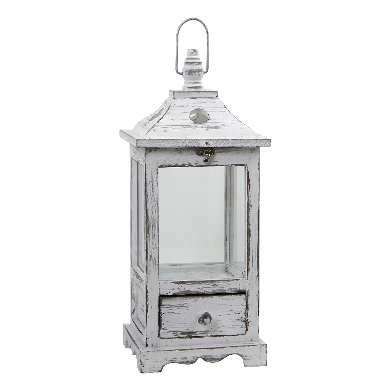 Nearly Natural Distressed Wooden Lantern with Drawer in White