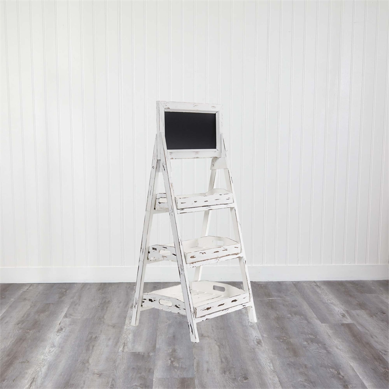 Nearly Natural 3ft White Washed Farmhouse Stand w/ Chalkboard in White