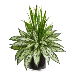Nearly Natural Silver Queen and Grass Artificial Plant in Black Vase in Green